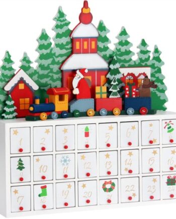 Pakkekalender i træ, juleby og tog, 24 rum